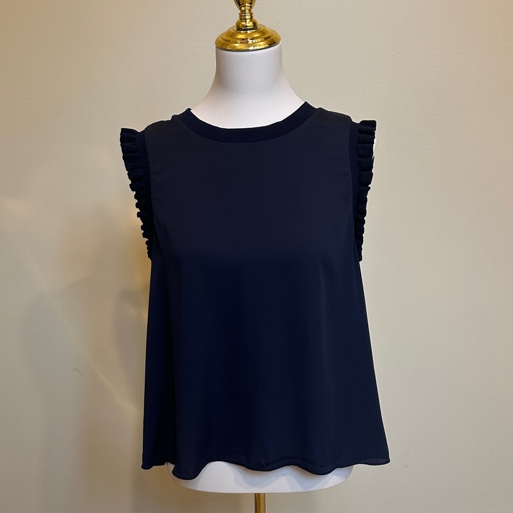 Current Air Midnight Blue Ruffle Sleeve Blouse Size L Sleeveless Flowy Top